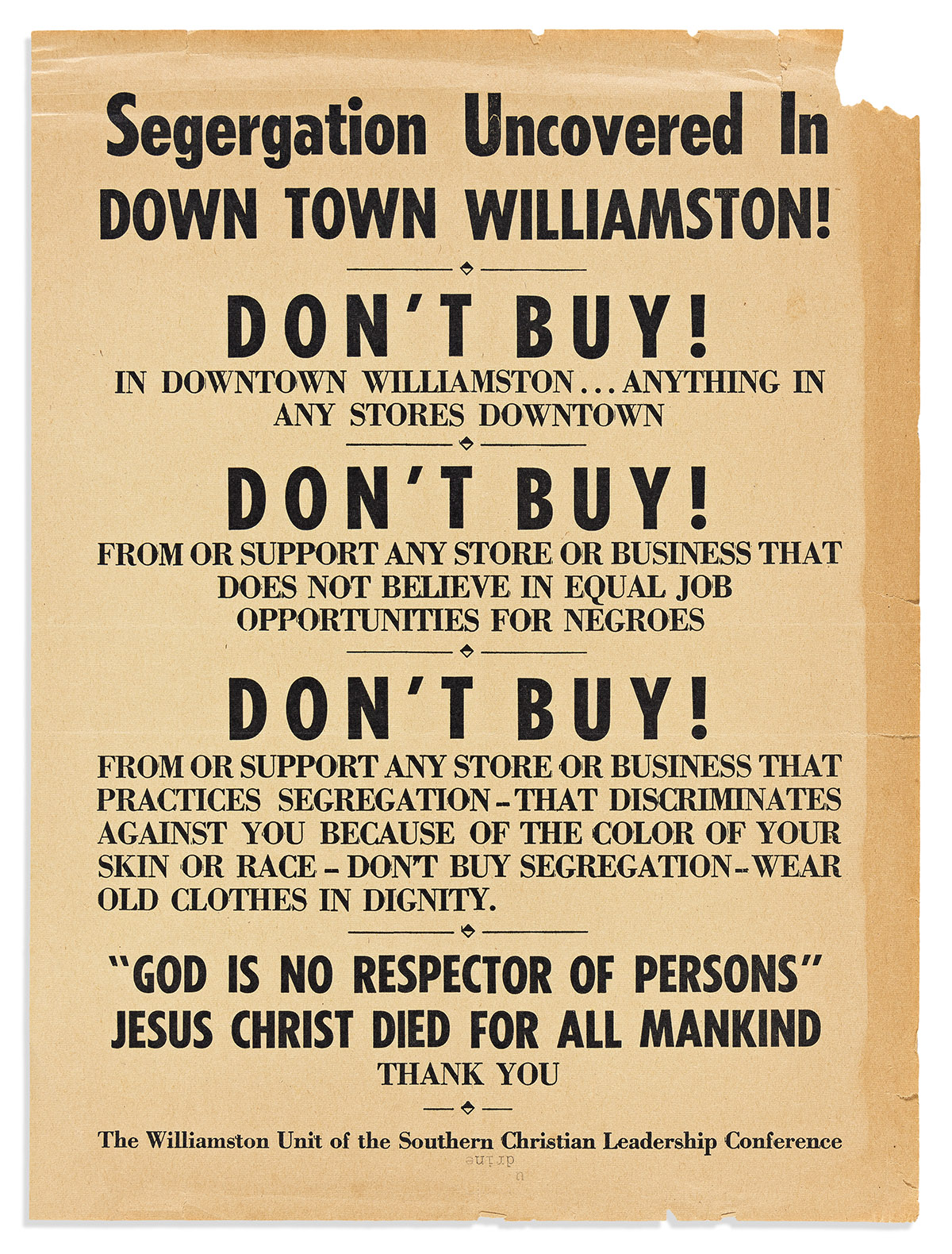 (CIVIL RIGHTS.) Segergation [Segregation] Uncovered in Down Town Williamston! Don't Buy!